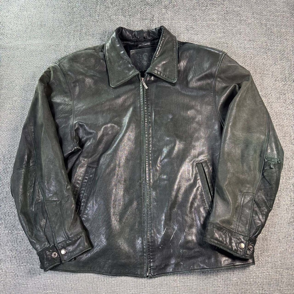 Hugo Boss Leather Bomber Jacket Mens XXL Black Vintage Distressed 90s Y2K Zip